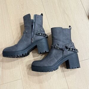 Nine West Charcoal Heeled Boots with Chain Accent
